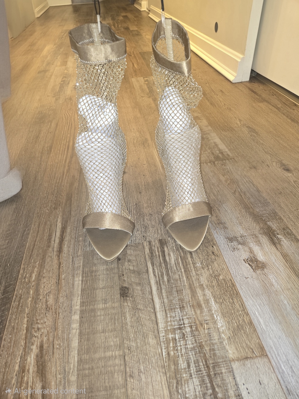 Zara Metallic Gold Mesh Rhinestone Open Toe High Heel Booties